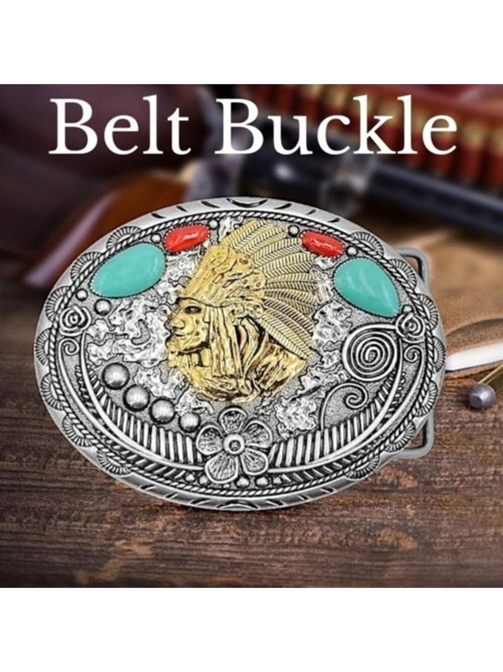 NWT Silver & Turquoise Indian Head Western Unisex Belt Buckle/One size
